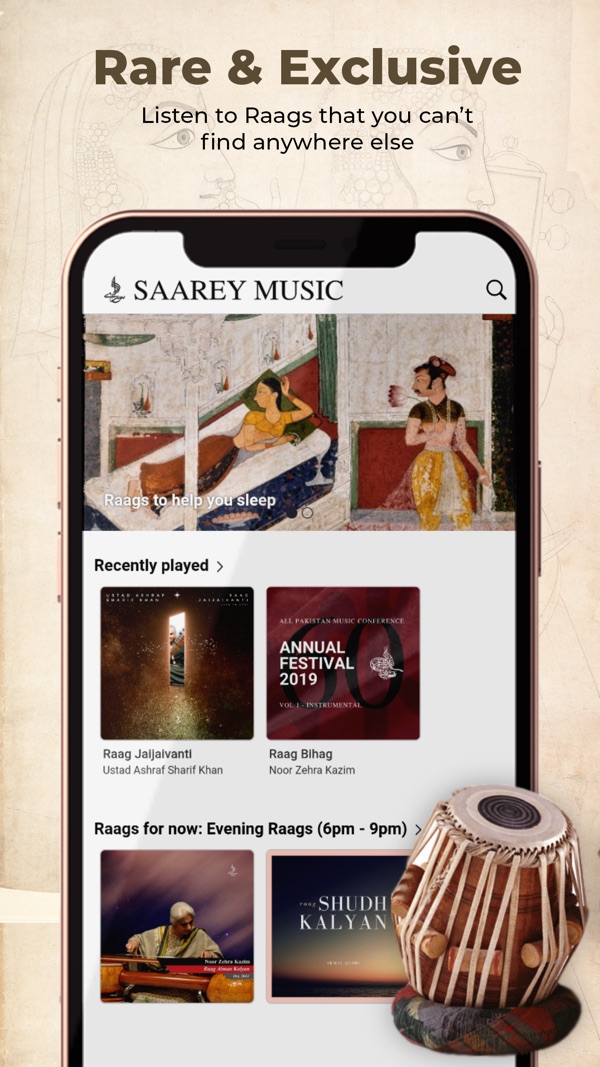 Saarey Music app home screen — "Raags for now" evening rail and recently played, under the caption "Rare & Exclusive"