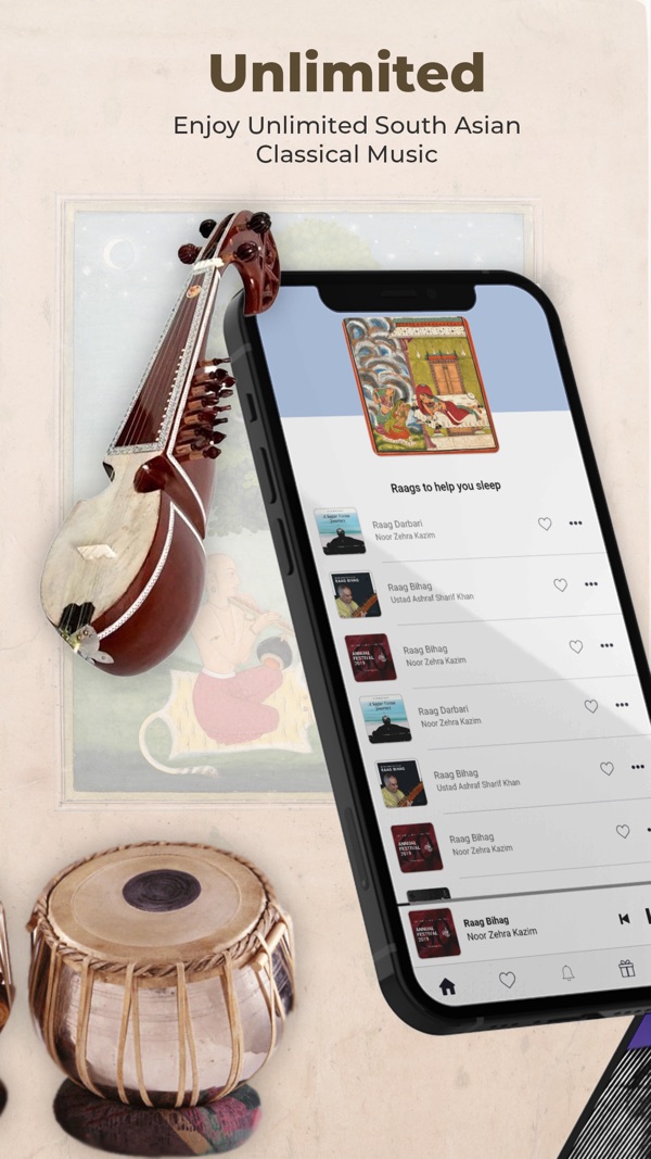 Saarey Music app playlist view — "Raags to help you sleep", under the caption "Unlimited South Asian classical music"
