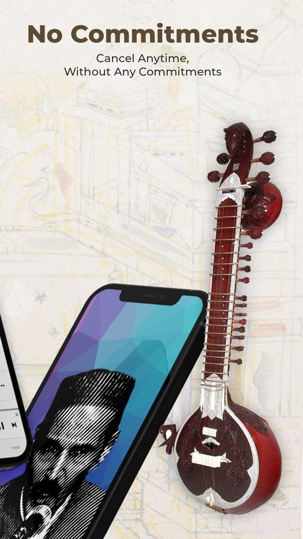Saarey Music app artist screen beside a sitar, under the caption "No commitments — cancel anytime"