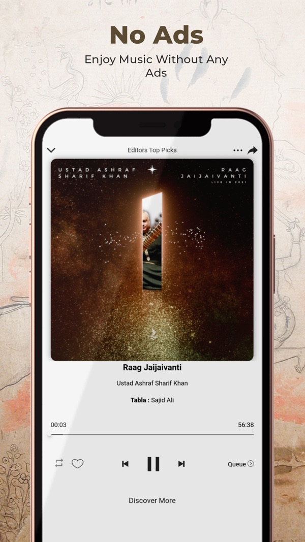 Saarey Music app player — Raag Jaijaivanti by Ustad Ashraf Sharif Khan with tabla by Sajid Ali, under the caption "No ads"